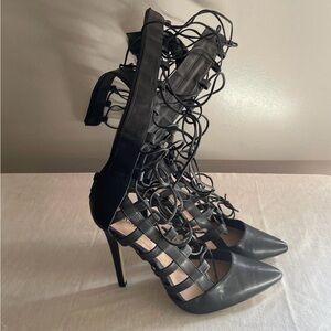 Women's Black Lace-Up Caged Stiletto Heels